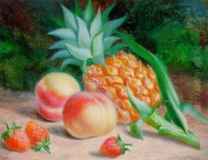 Peaches, Strawberries, And A Pineapple, On A Mossy Bank by William Hughes