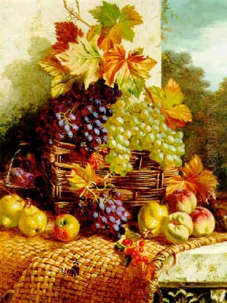 Still Life With Mixed Fruit In A Wicker Basket On A Stone Ledge - view 1