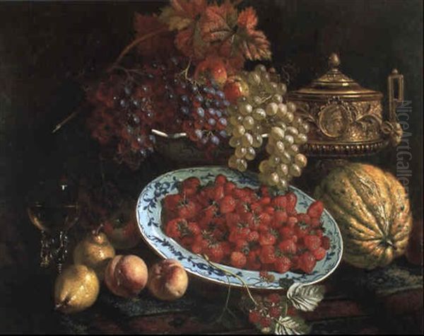 A Silver-gilt Cup, Strawberries And Other Fruit On Draped Table - view 1