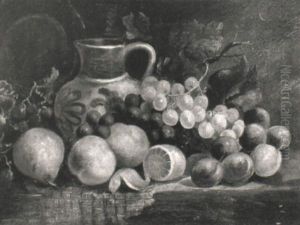 Still Life Of Fruit With A Jug On A Rush Matted Table by William Hughes
