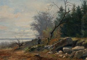 Bewaldete Uferlandschaft Mit Reisigsammlerin