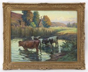 Cattle By River by Claude-Honore Hugrel