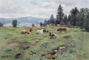 Sommerliche Wiesenlandschaft Mit Weidenden Kuhen by Fritz Huguenin
