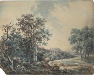 A Mountainous River Landscape; And A Ruined Castle In A Wooded Landscape by George Cuitt