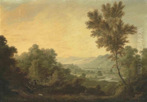 A Mountainous River Landscape With Hunters Carrying A Dear - view 1