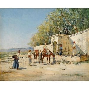 Travelers And Horses At Rest by Victor Pierre Huguet