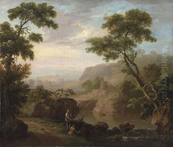 An Italianate River Landscape With Ruins, Anglers On A Bank - view 1