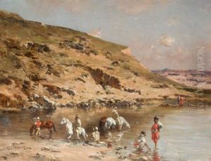 Baignade De Chevaux (algerian Caravan Bathing Horses Against A Rocky Landscape)