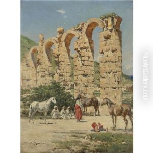 Horses Halted In Front Of The Ruins Of The Aqueduct Of The Oued Bella, Cherchell, Algeria by Victor Pierre Huguet