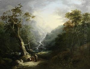A Wooded Landscape With Travellers Resting Before A Waterfall