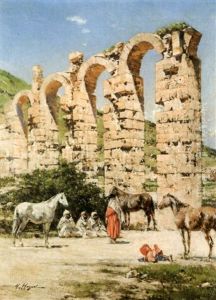 La Halte Des Chevaux Devant Les Ruines De L'aqueduc De L'oued Bella, Cherchell, Algerie by Victor Pierre Huguet