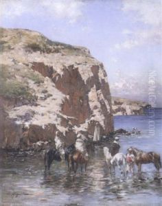 Cavaliers Au Pied D'une Falaise