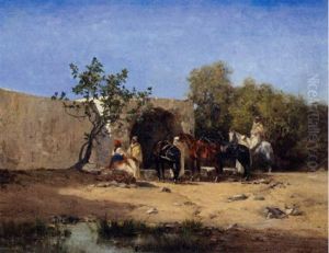 Arabian Figures And Horses At The Well by Victor Pierre Huguet