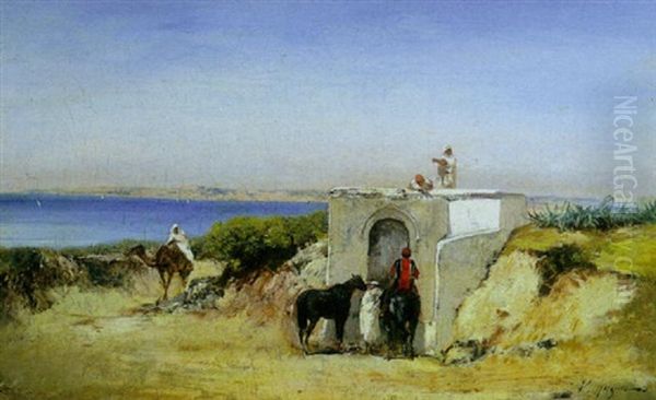 Arab Horseman At A Well With The Sea Beyond by Victor Pierre Huguet