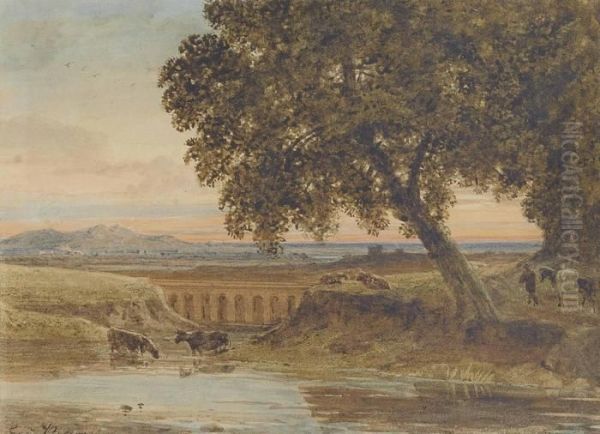 Cattle Watering Before A Viaduct - view 1