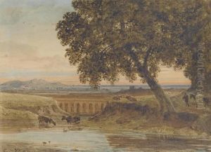 Cattle Watering Before A Viaduct by George Jnr Barrett