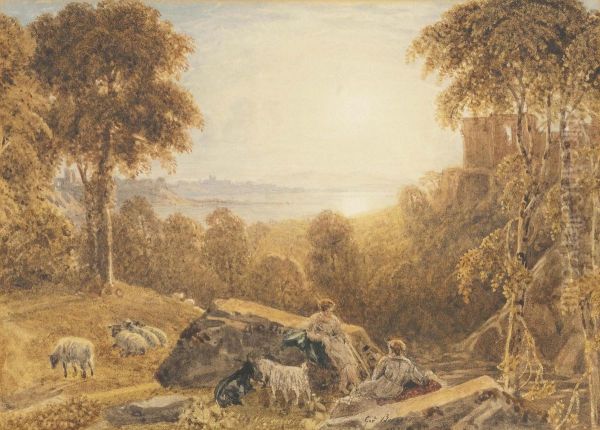 A Shepherd And Sheperdess With Their Flock In An Arcadian Landscape - view 1