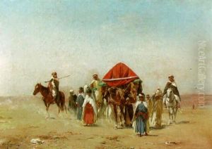 Desert Landscape With An Arab Caravan And Soldiers On Horseback by Victor Pierre Huguet