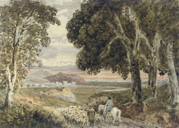 Shepherds With Their Flock At Sunset, In A Mountainous Landscape - view 1
