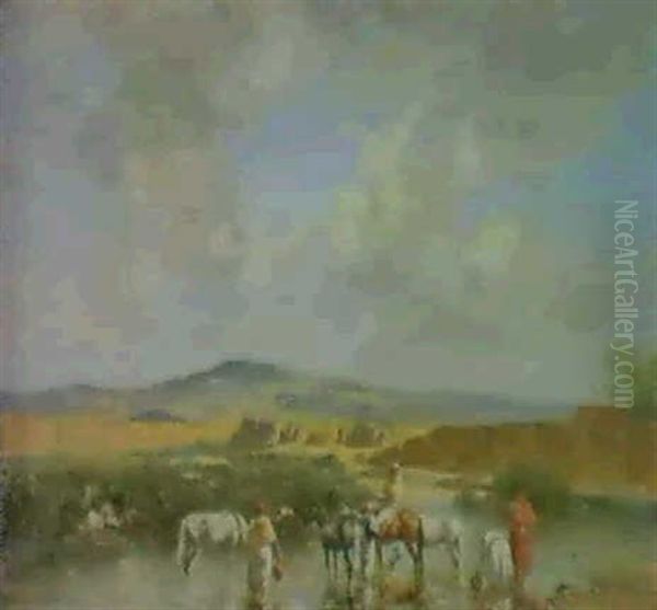 Chevaux Arabes S'abreuvant Dans L'oued - view 1