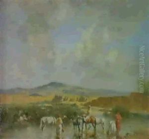 Chevaux Arabes S'abreuvant Dans L'oued by Victor Pierre Huguet