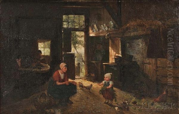 Mother And Child With Flowers In A Barn Interior - view 1