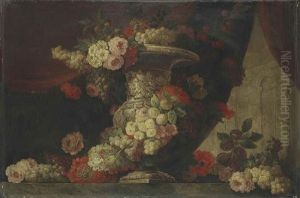 Nature Morte De Fleurs Et Fruits Sur Un Entablement