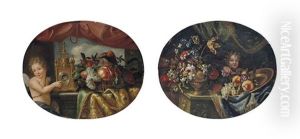 Nature Morte A L'horloge; Nature Morte Au Vase De Fleurs (2 Works) by Claude Nicolas Huilliot