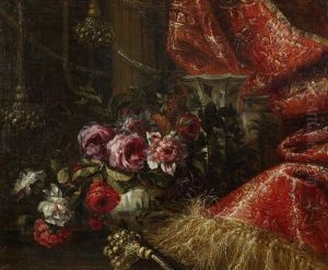 Roses, Poppies And Other Flowers In A Blue And White Bowl On A Table Draped With A Red Curtain