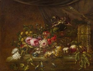Blumenstillleben Mit Fruchten Auf Einer Steinplinthe