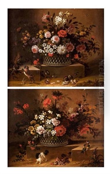 Panier De Fleurs Avec King Charles, Oiseau Et Fruits (+ Panier De Fleurs Dispose Sur Un Entablement Anime De Dogue Et Ecureuil; Pair) - view 1