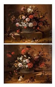 Panier De Fleurs Avec King Charles, Oiseau Et Fruits (+ Panier De Fleurs Dispose Sur Un Entablement Anime De Dogue Et Ecureuil; Pair)