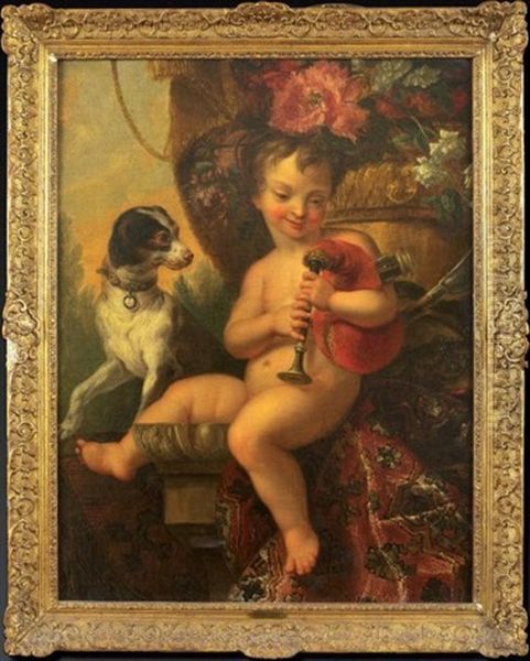 Amour Berger Pres De Son Chien, Avec Sa Musette Et Sa Houlette, Assis Sur Un Tapis Sous Une Vasque De Fleurs - view 1