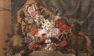 Compositions Florales Dans Des Vases De Pierre Entoures D'un Sphinx Et D'une Sphinge (pair) by Claude Nicolas Huilliot