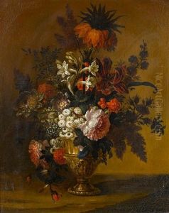 Tulips, Convolvulus, Roses And Other Flowers In A Bronze Urn On A Stone Ledge