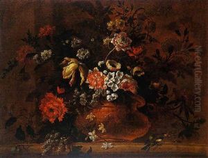 Vase De Fleurs Sur Un Entablement: Pavot, Anemone Double, Oeillets, Tulipe Et Jasmins