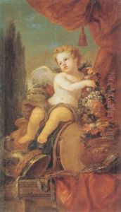 A Putto Holding A Garland Of Flowers And Seated On A Drum, With A Helmet, A Sword And Other Objects by Claude Nicolas Huilliot