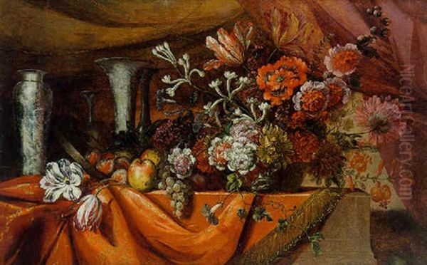 Coupe De Fleurs, Fruits Et Vases Voisinant Sur Un Entablement En Partie Recouvert De Brocart Rouge Et Or - view 1
