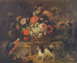 Nature Morte Au Panier De Fleurs, Perroquet Et Chien