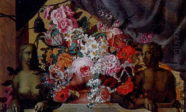 Composition Florale Presentee Dans Un Vase A Decor De Godrons Encadres Par Un Sphinx - view 1