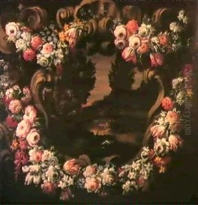 Une Guirlande De Roses, Tulipes, Pivoines Et Autres Fleurs Autour D'un Cartouche De Pierre Et Dans La Reserve by Claude Nicolas Huilliot