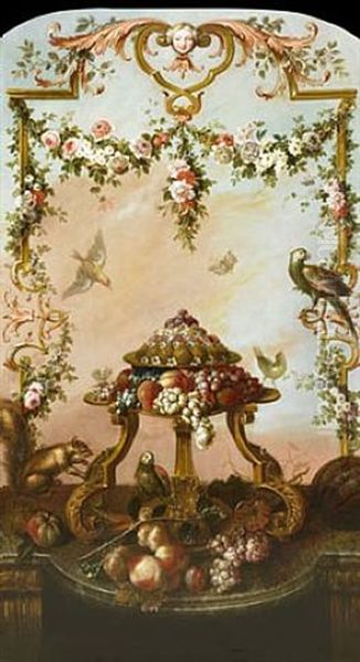 Une Guirlande De Roses, Tulipes, Pivoines Et Autres Fleurs  Autour D'un Cartouche De Pierre Et Dans La Reserve - view 1