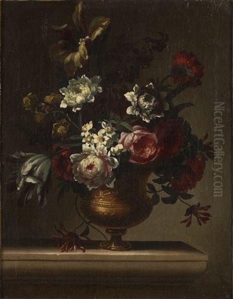Bouquet De Fleurs Dans Un Vase En Bronze - view 1