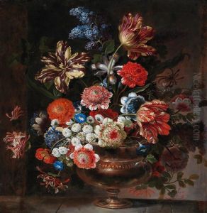 A Flower Still Life With Chrysanthemums And Tulips In A Bronze Vase by Pierre Nicolas Huilliot