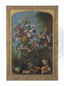 Roses, Peonies And Other Flowers In An Urn, Grapes And Peaches In A Basket On A Ledge, With Further Overflowing Fruit by Pierre Nicolas Huilliot
