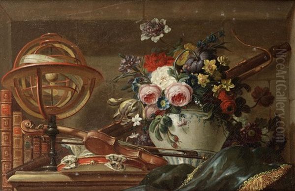 Roses, Tulips, Narcissi And Other Flowers In A Vase With An Armillary Sphere, A Violin And Other Instruments On A Draped Stone Ledge - view 1