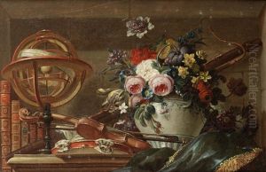 Roses, Tulips, Narcissi And Other Flowers In A Vase With An Armillary Sphere, A Violin And Other Instruments On A Draped Stone Ledge by Pierre Nicolas Huilliot
