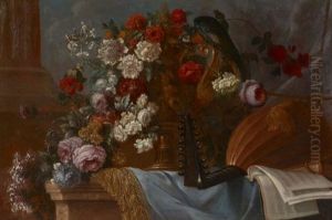 Luth, Partition Et Bouquet De Fleurs Dans Un Vase D'orfevrerie Sur Un Entablement by Pierre Nicolas Huilliot