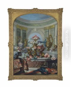Fruit In A Gilt Tazza With Ewers On Marble Ledges And A Monkey Smoking A Pipe On A Draped Ledge, With A Macaw
