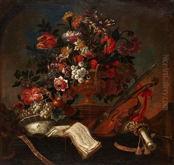 Fleurs Dans Un Vase De Bronze Pose Sur Un Entablement, Partitions Et Instruments De Musique - view 1